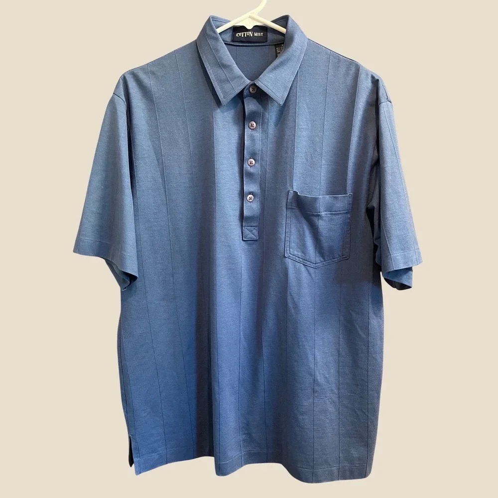 Cotton Mist Polo Shirt Mens Medium Blue Short Sleeve Vertical Stripe Pocket